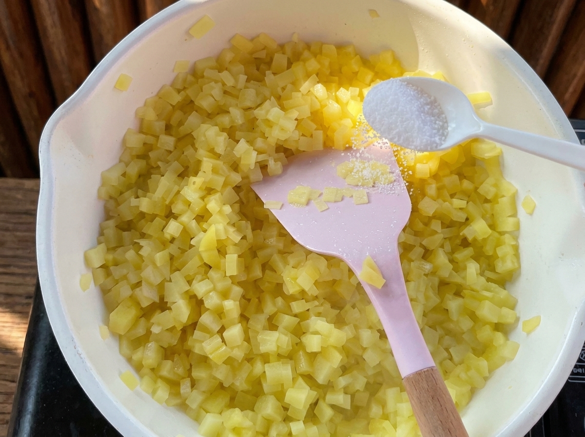 Salt being sprinkled from a white spoon onto diced yellow potatoes in a white pan using a pink spatula.