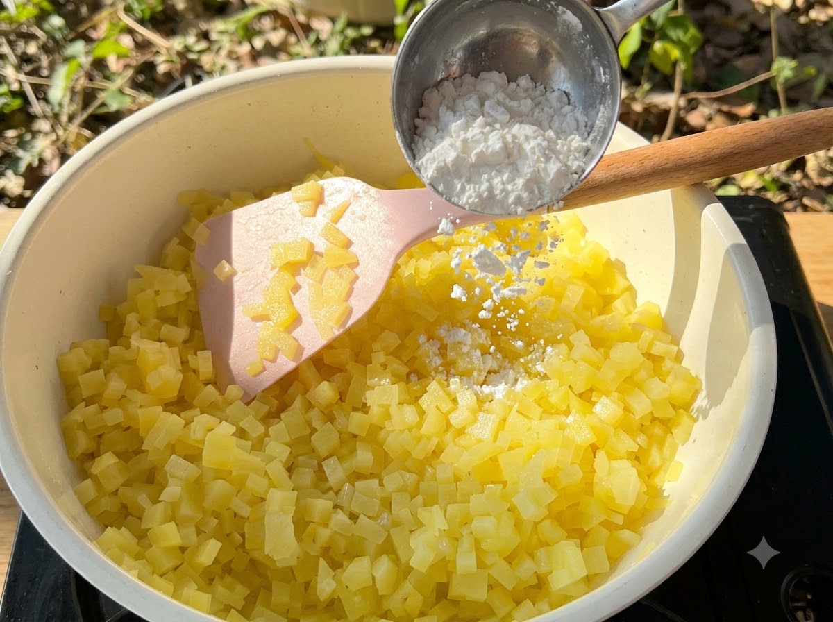 Cornstarch being poured from a measuring spoon into a pan of diced potatoes being mixed with a pink spatula.