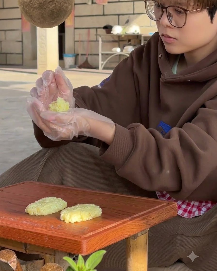 A person wearing plastic gloves shaping a potato patty on a wooden cutting board with finished patties nearby.