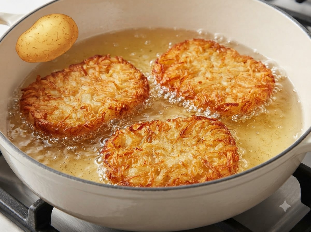 Golden brown hash brown patties being lifted out of hot oil with red kitchen tongs.