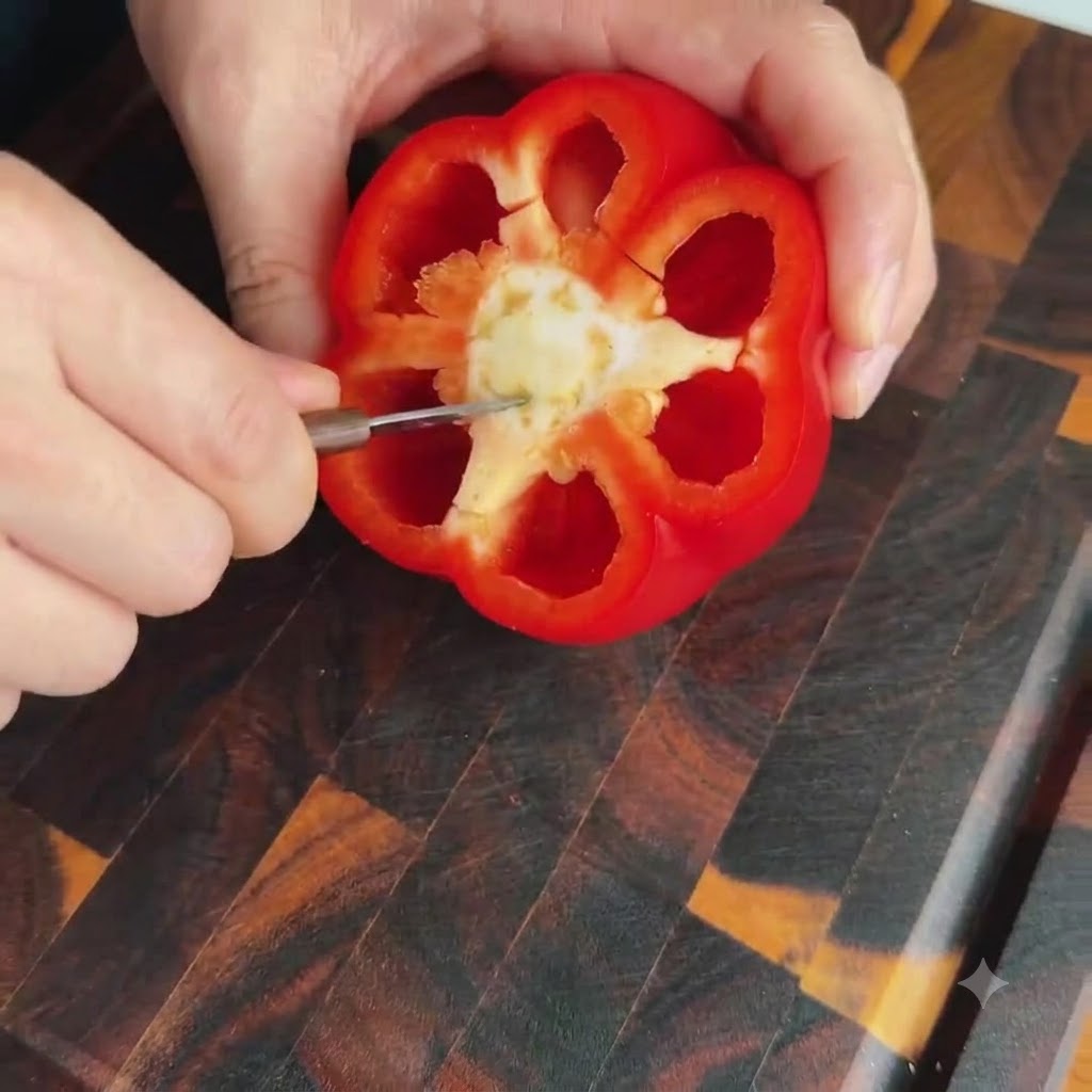 Hands using a small knife to clean out seeds and white membranes from the inside of a red bell pepper.
