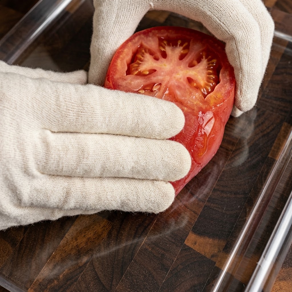 A gloved hand holding a halved tomato or pepper preparation over a clear glass baking dish.