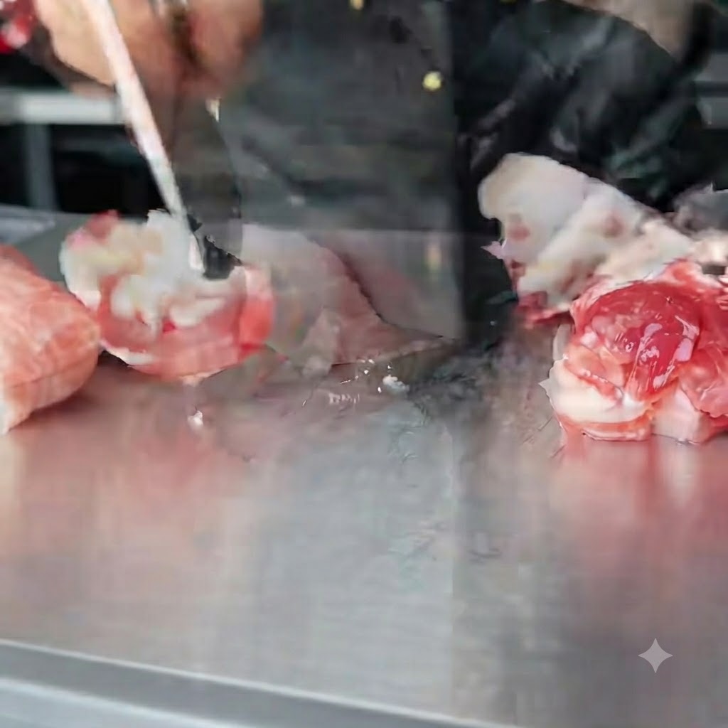 Raw pork belly meat being finely minced with two cleavers on a stainless steel prep surface.