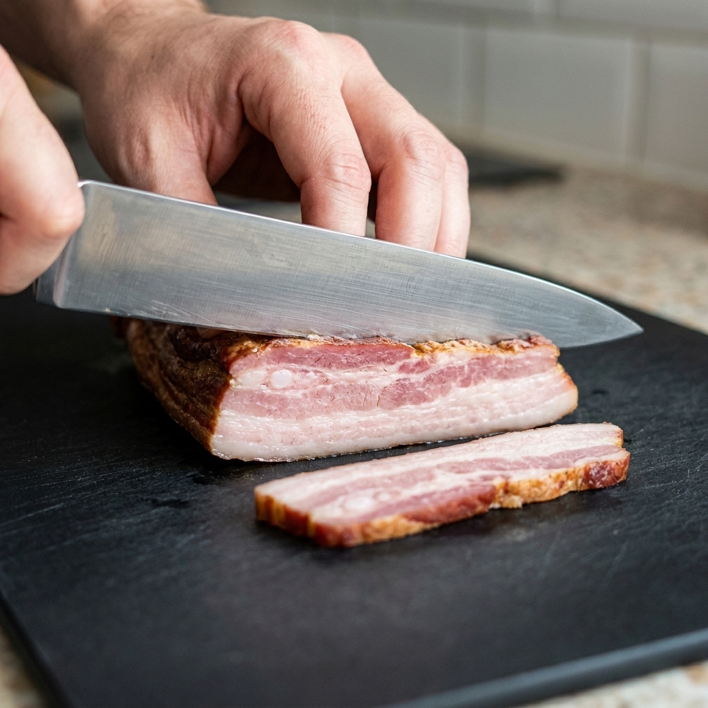 A chefs knife slicing a piece of cured pork belly or onion on a black cutting board.