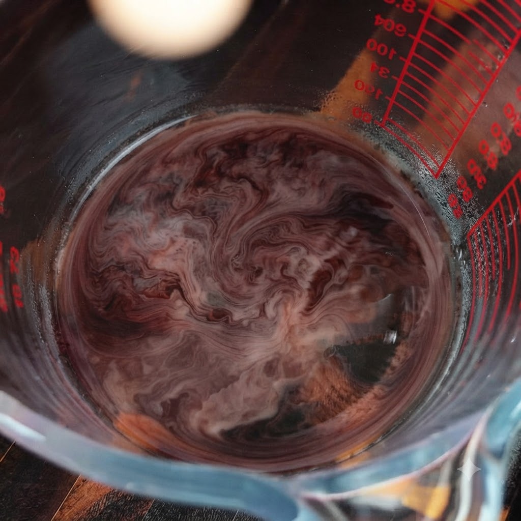 A glass measuring cup containing a swirling mixture of dark liquid and creamy elements.