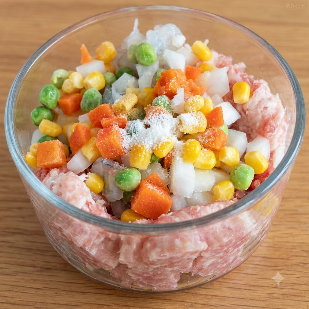 A close-up view of a glass bowl filled with minced meat, diced carrots, peas, corn, and onions, with seasonings and cornstarch sprinkled on top.