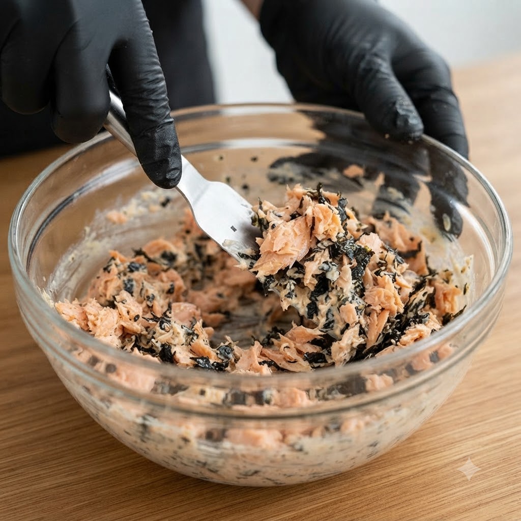 A pair of gloved hands using a spatula to mix salmon and seaweed ingredients inside a glass mixing bowl.