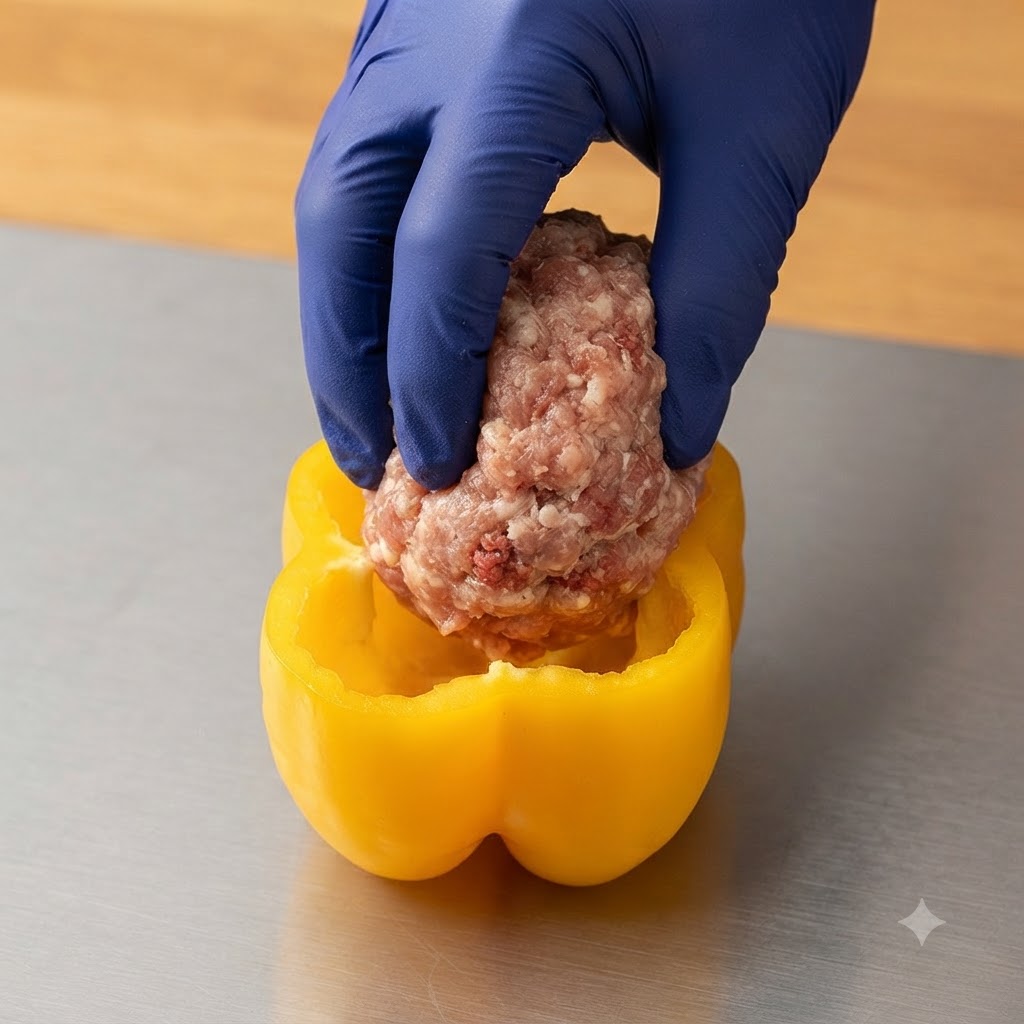 A hand wearing a blue glove placing a portion of seasoned minced meat into a hollowed yellow bell pepper bowl.