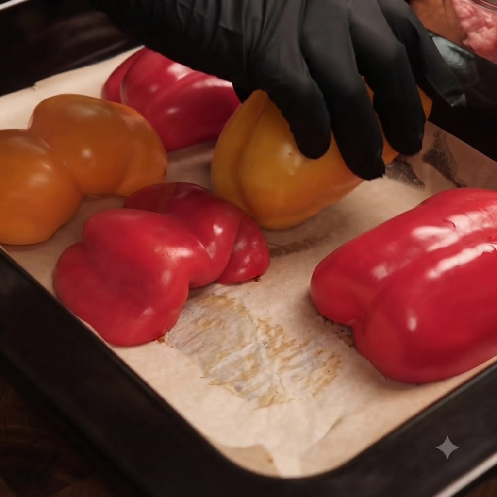 Bell peppers coated with oil being arranged inside a parchment-lined baking pan.