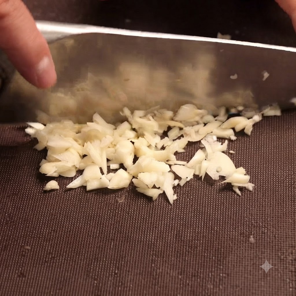 Finely chopped onions and garlic sizzling in a hot pan while being stirred with a spatula.