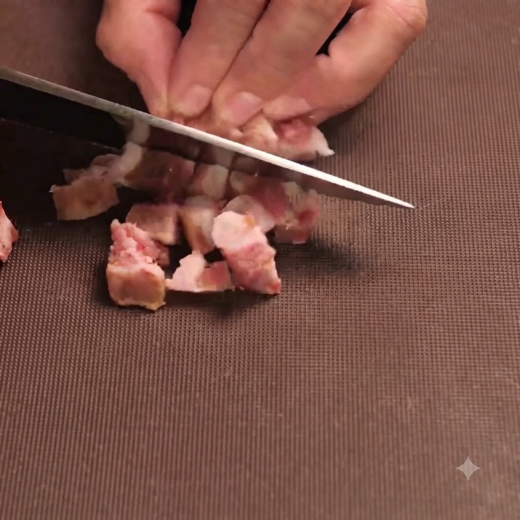 Small diced sausage pieces being mixed into the sautéed aromatics in a pan.