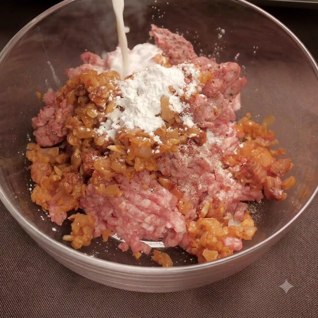 A hand wearing a black glove thoroughly combining the minced meat and seasonings in a glass bowl.