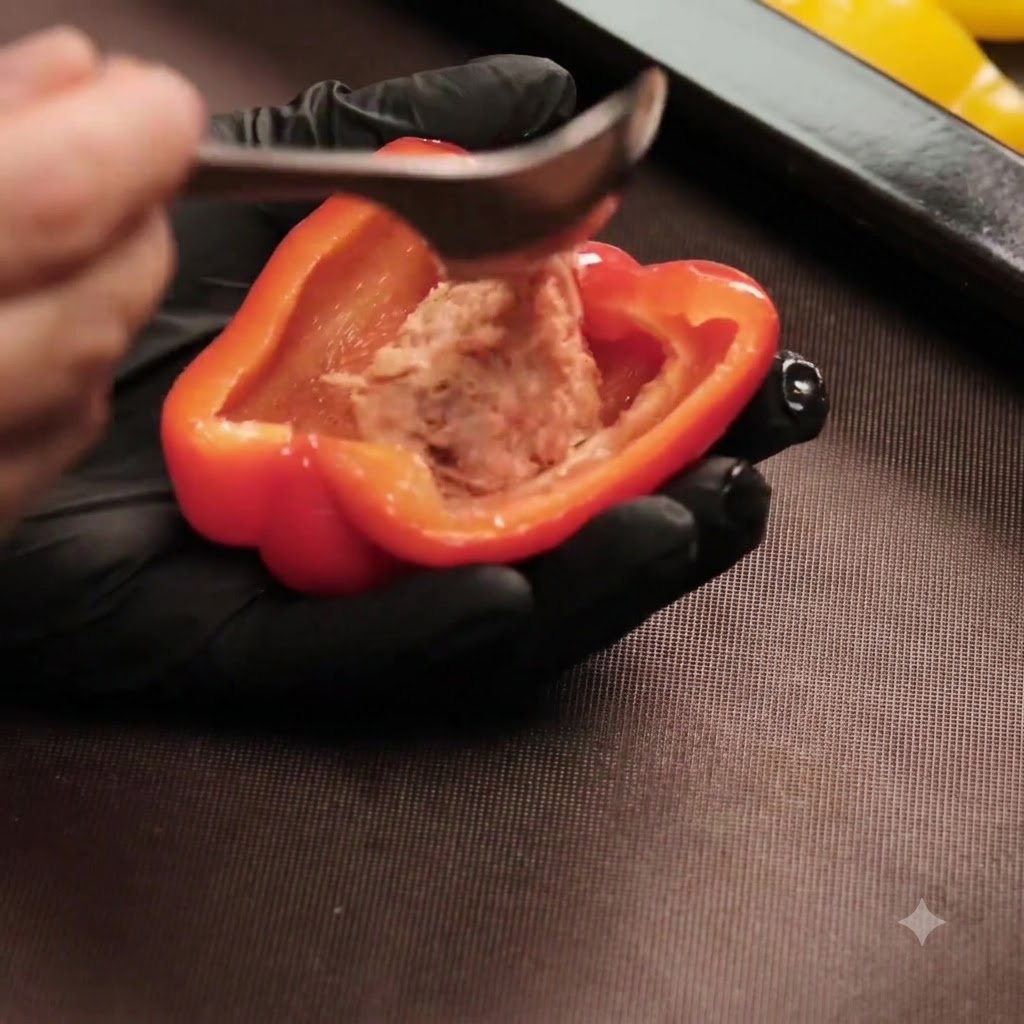 A gloved hand holding a halved red bell pepper while stuffing it with meat filling using a spoon.