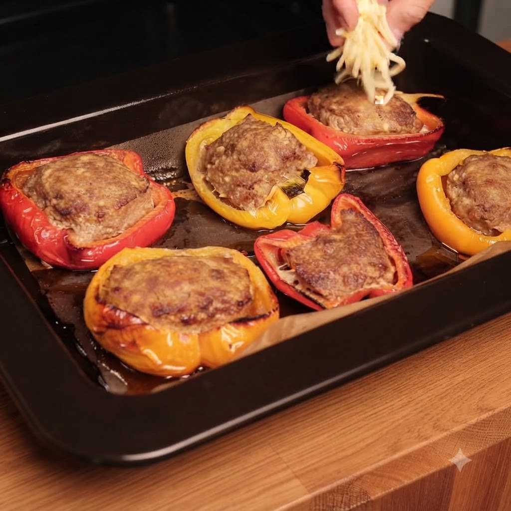 Shredded cheese being hand-sprinkled over a tray of baked stuffed bell peppers.