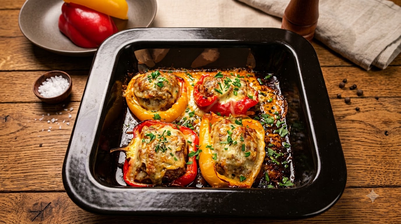 Baked Stuffed Bell Peppers with Savory Meat and Melted Cheese
