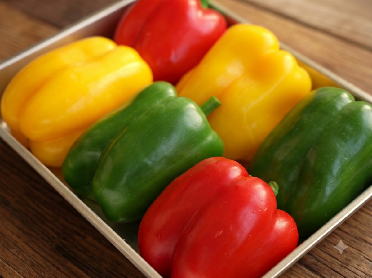 A metal tray holding colorful bell peppers as they are being brushed with olive oil.