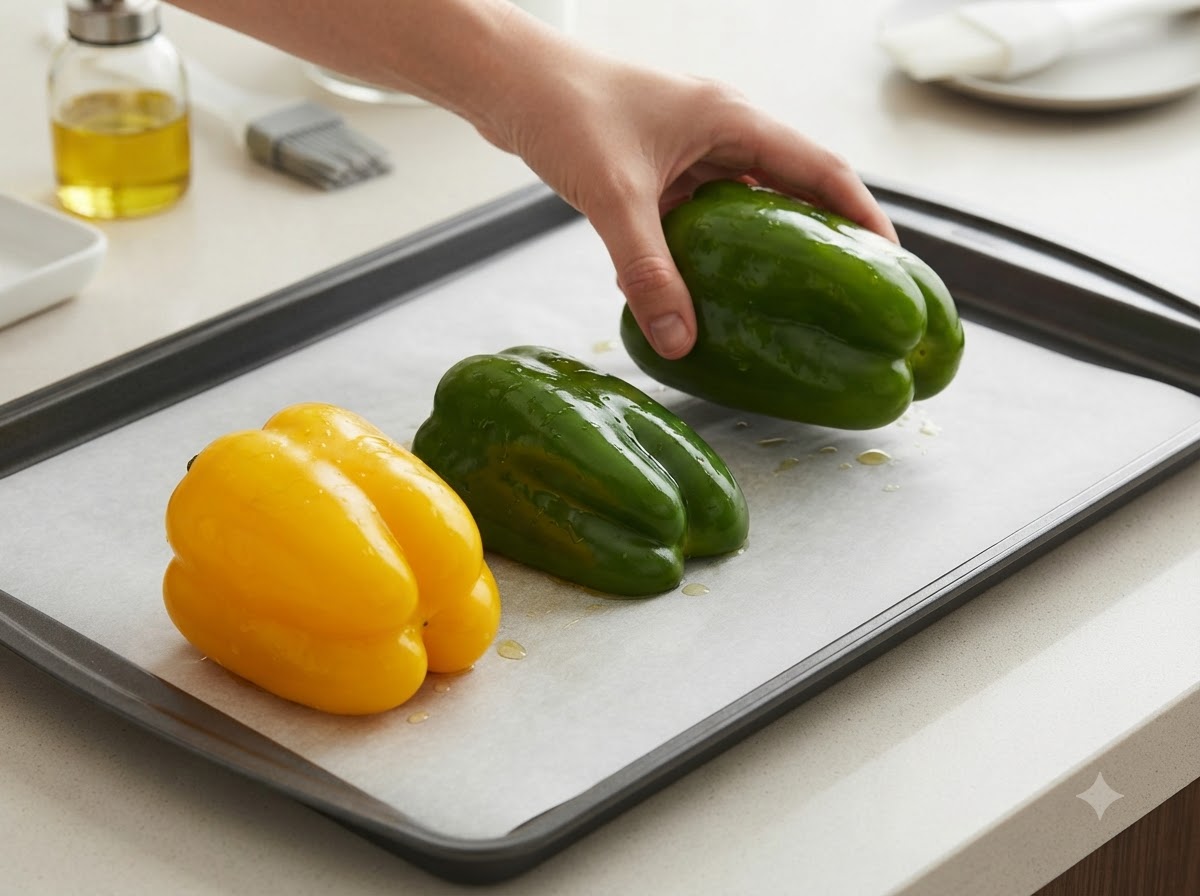 Bell peppers being arranged on a parchment-lined baking sheet.