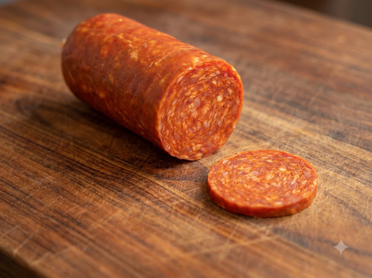 A knife cutting a spicy sausage roll into slices on a wooden cutting board.