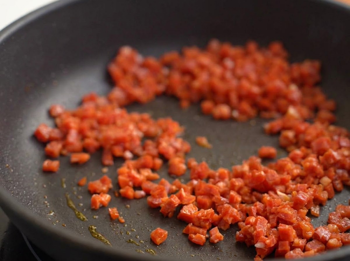 Diced spicy sausage sizzling in a pan with olive oil.