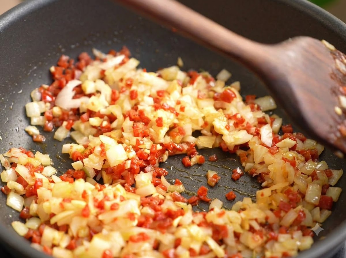 Minced onions and garlic being stir-fried with sausage in a pan using a wooden spatula.