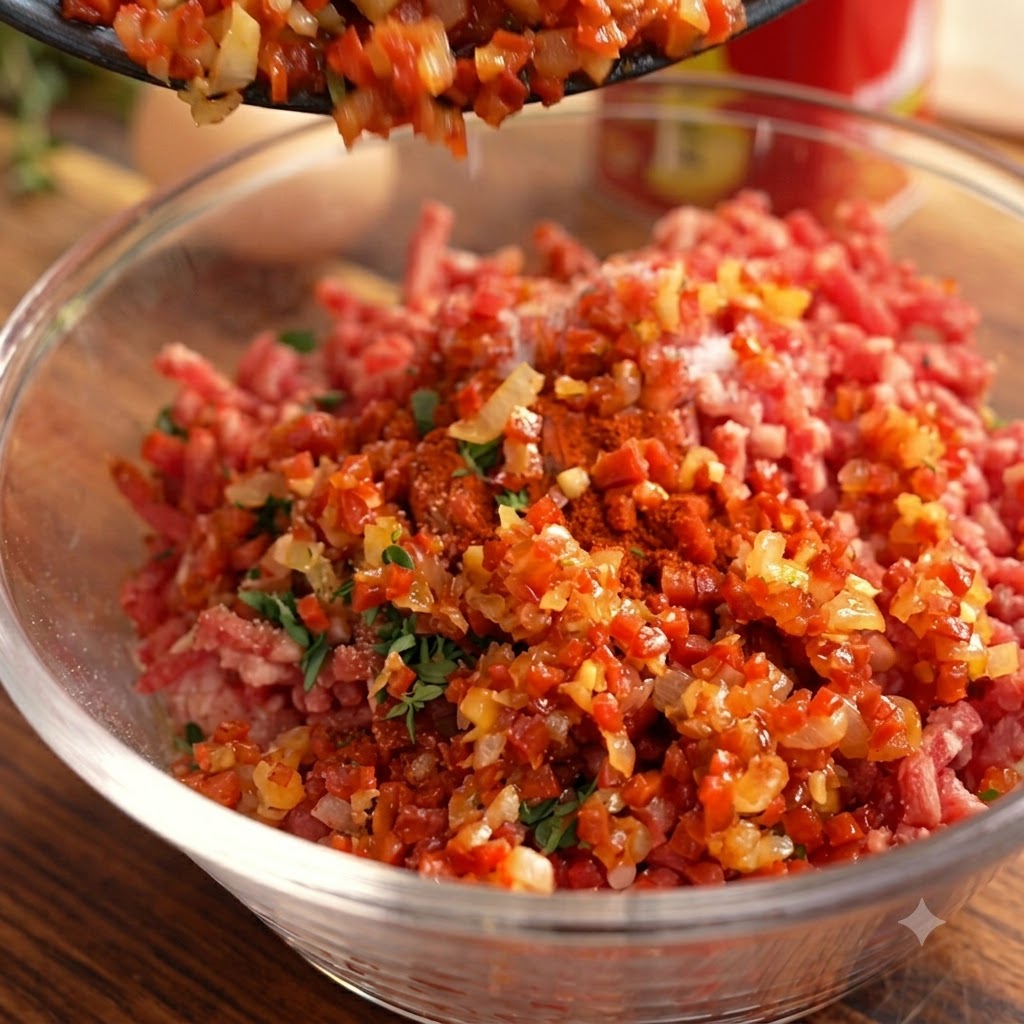 Seasonings, herbs, and spices being poured from a pan into a glass bowl filled with raw minced meat.