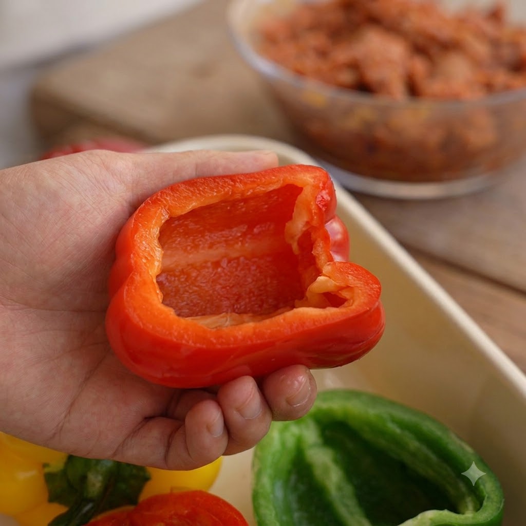 A hand holding a hollowed red bell pepper ready for stuffing, with a bowl of meat filling in the background.