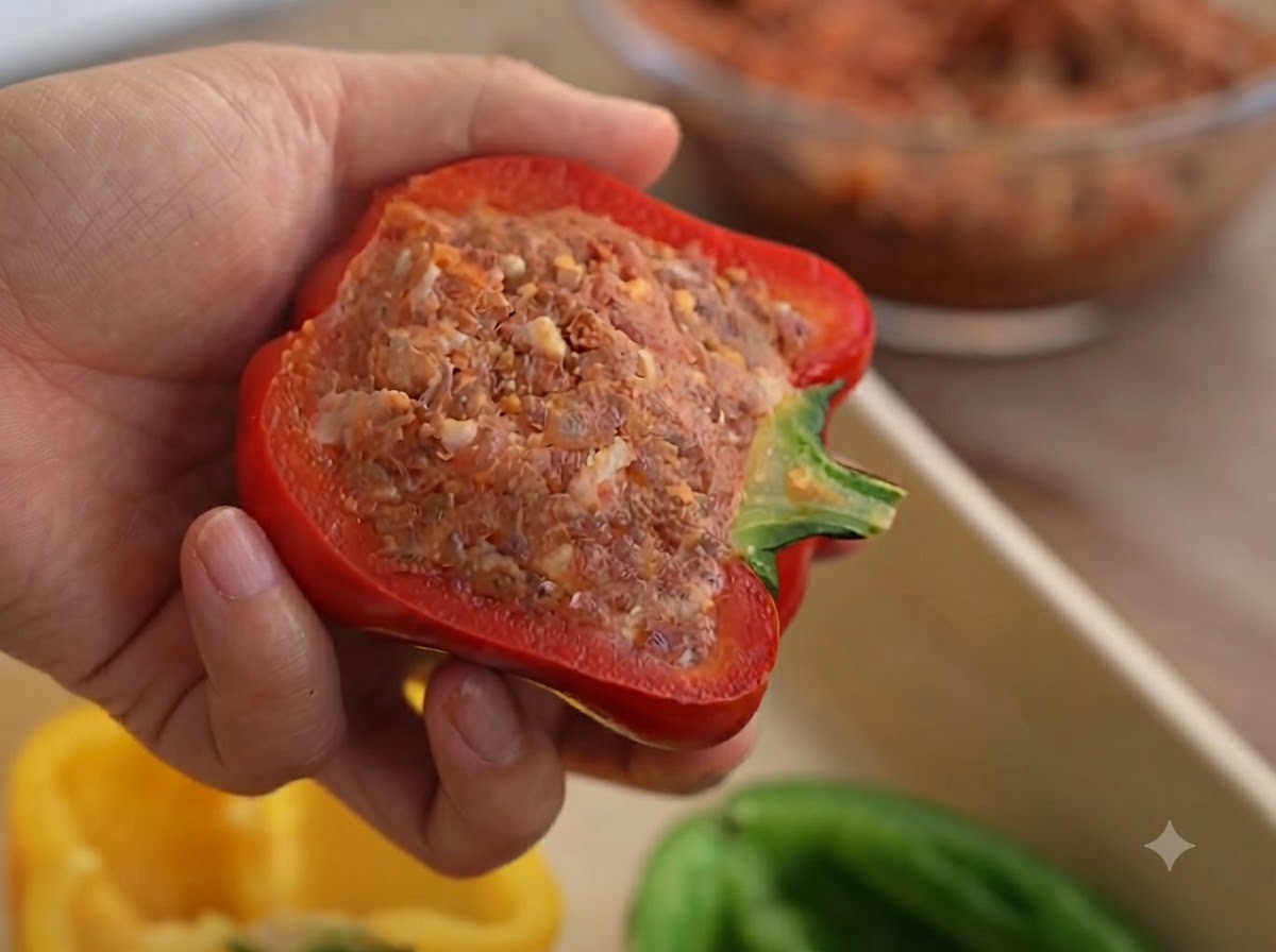 A close-up view of a vibrant bell pepper filled completely with seasoned minced meat.