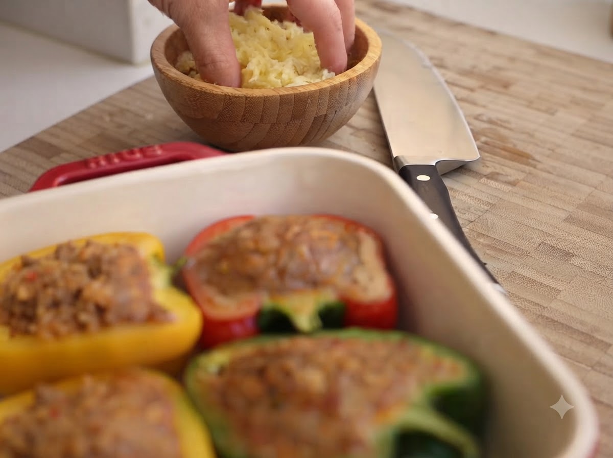 A hand sprinkling shredded cheese from a small wooden bowl onto stuffed bell peppers arranged in a baking dish.