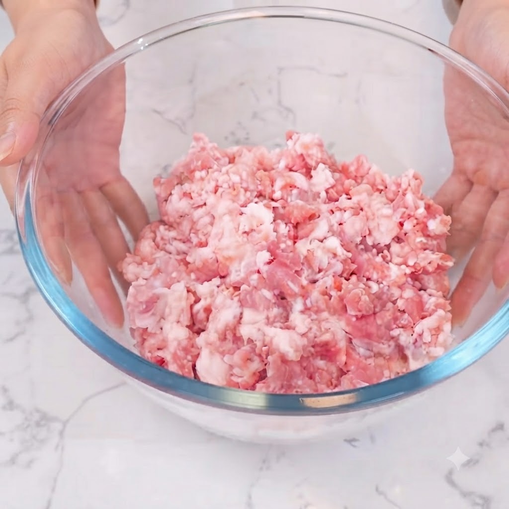 Minced meat in a glass bowl with various seasonings and hot oil poured on top.