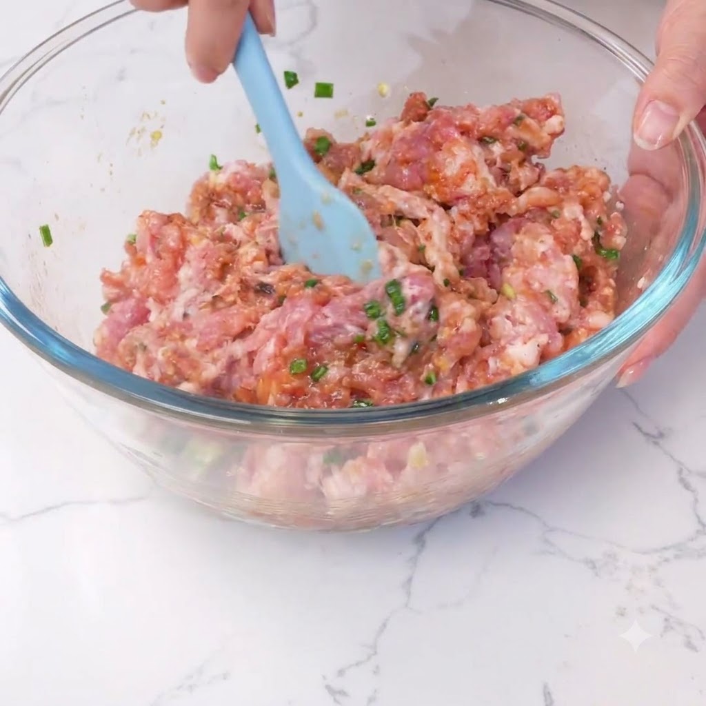 Meat mixture being stirred in a glass bowl with a blue spatula.