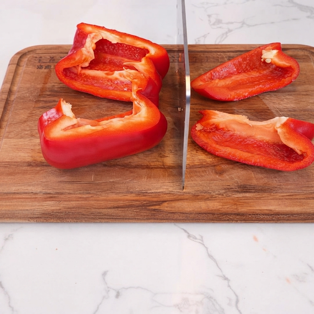 Bell pepper halves resting on a wooden cutting board beside a knife.