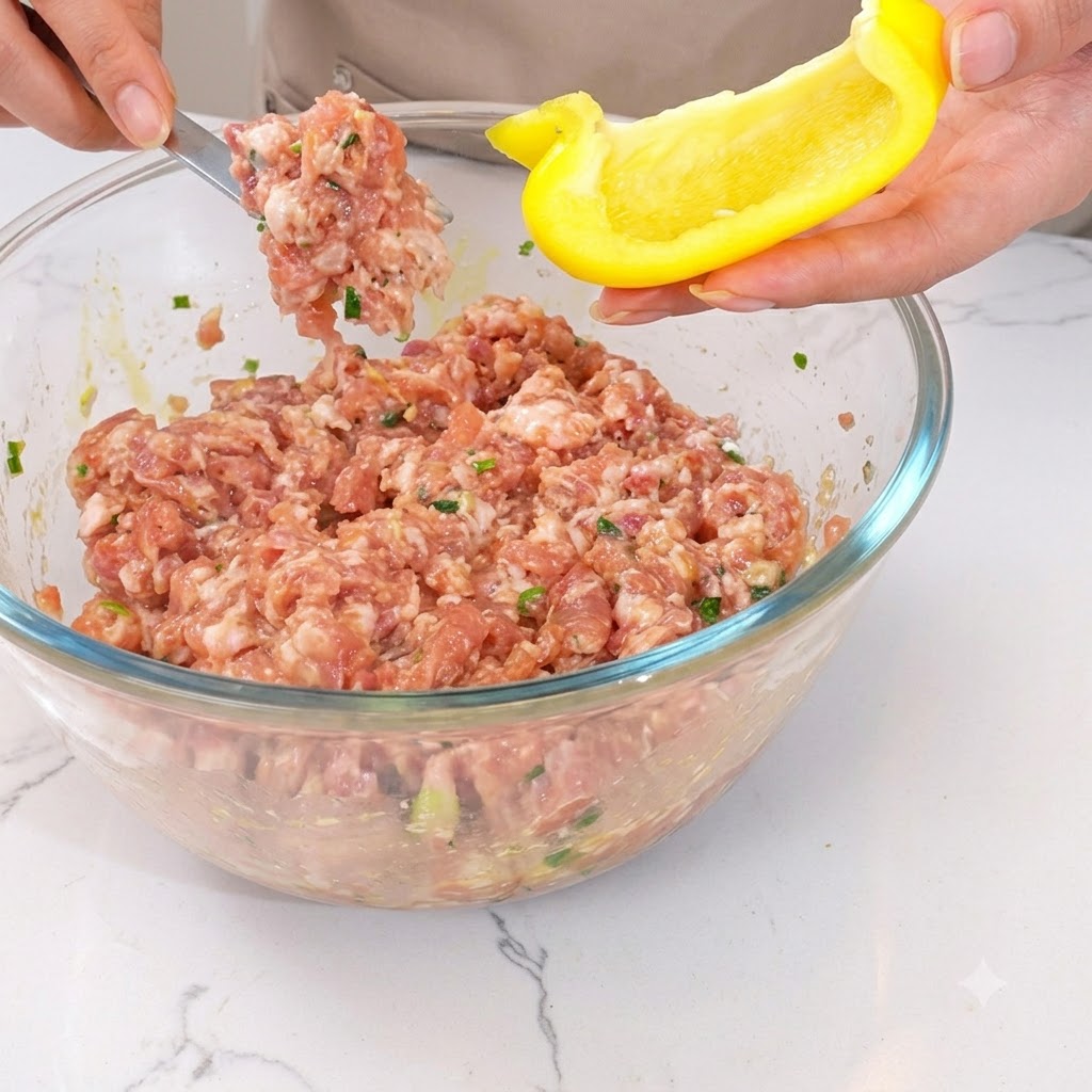 Minced meat being stuffed into a yellow bell pepper half using utensils.