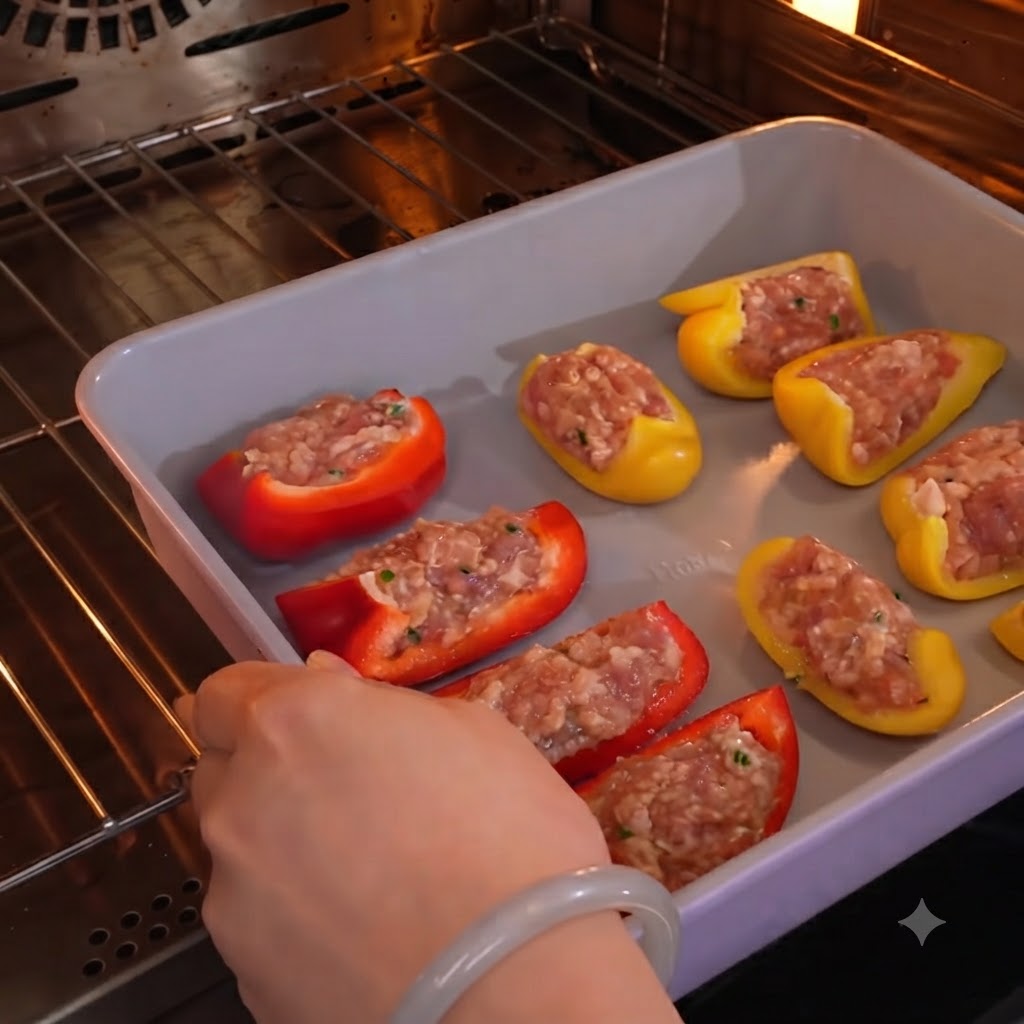A baking tray filled with stuffed bell pepper halves being inserted into an oven rack.