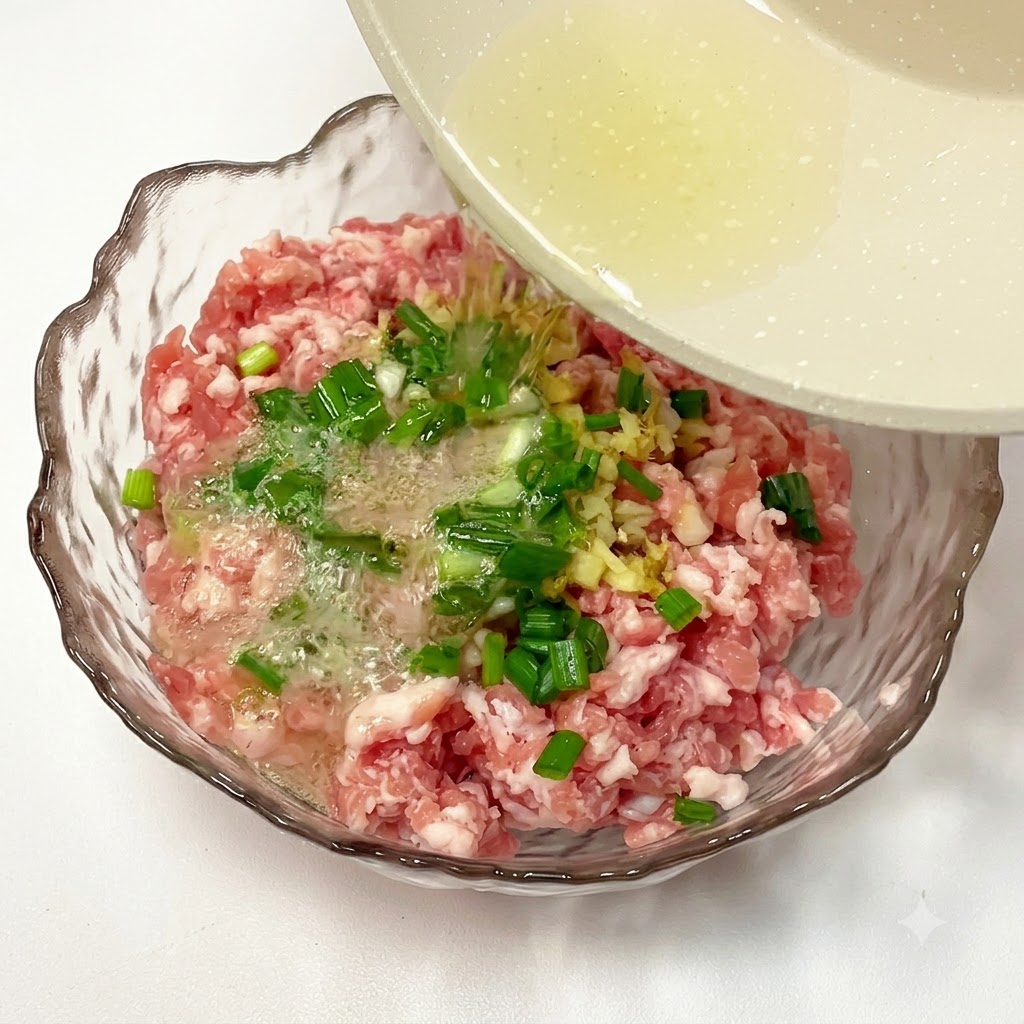 Hot oil being poured onto green onions and ginger over minced meat.