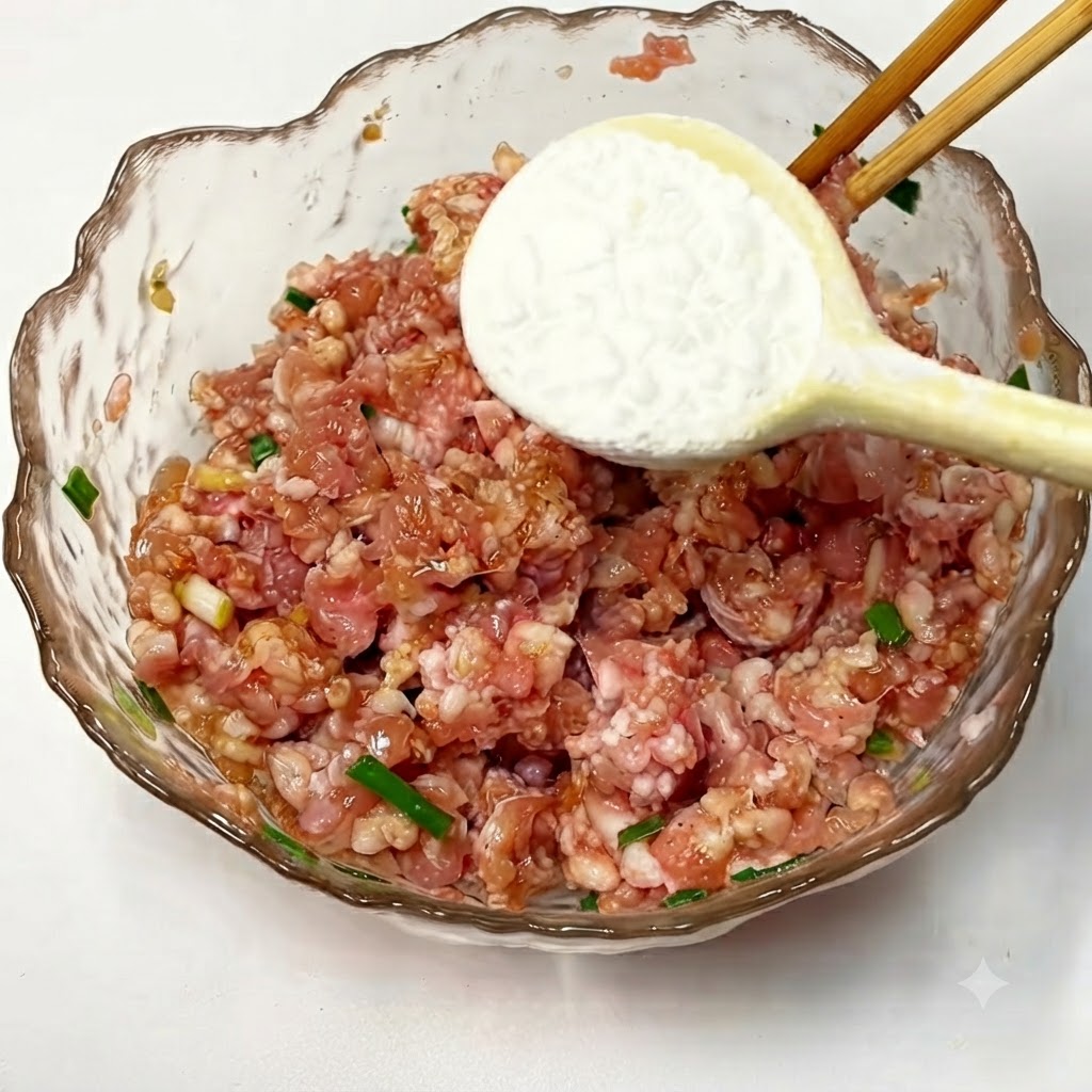 Starch being added and mixed into the minced meat using chopsticks.