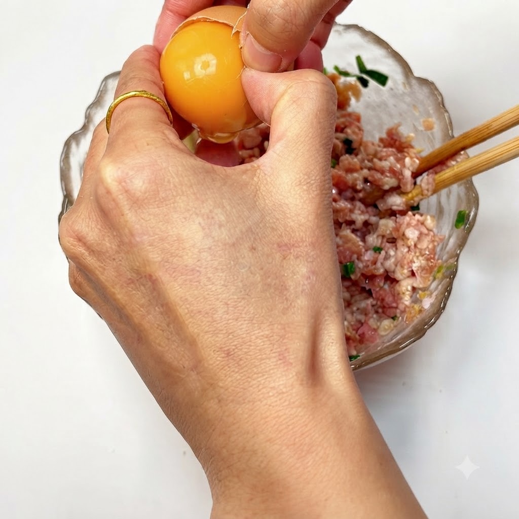An egg being cracked over the bowl of minced meat.