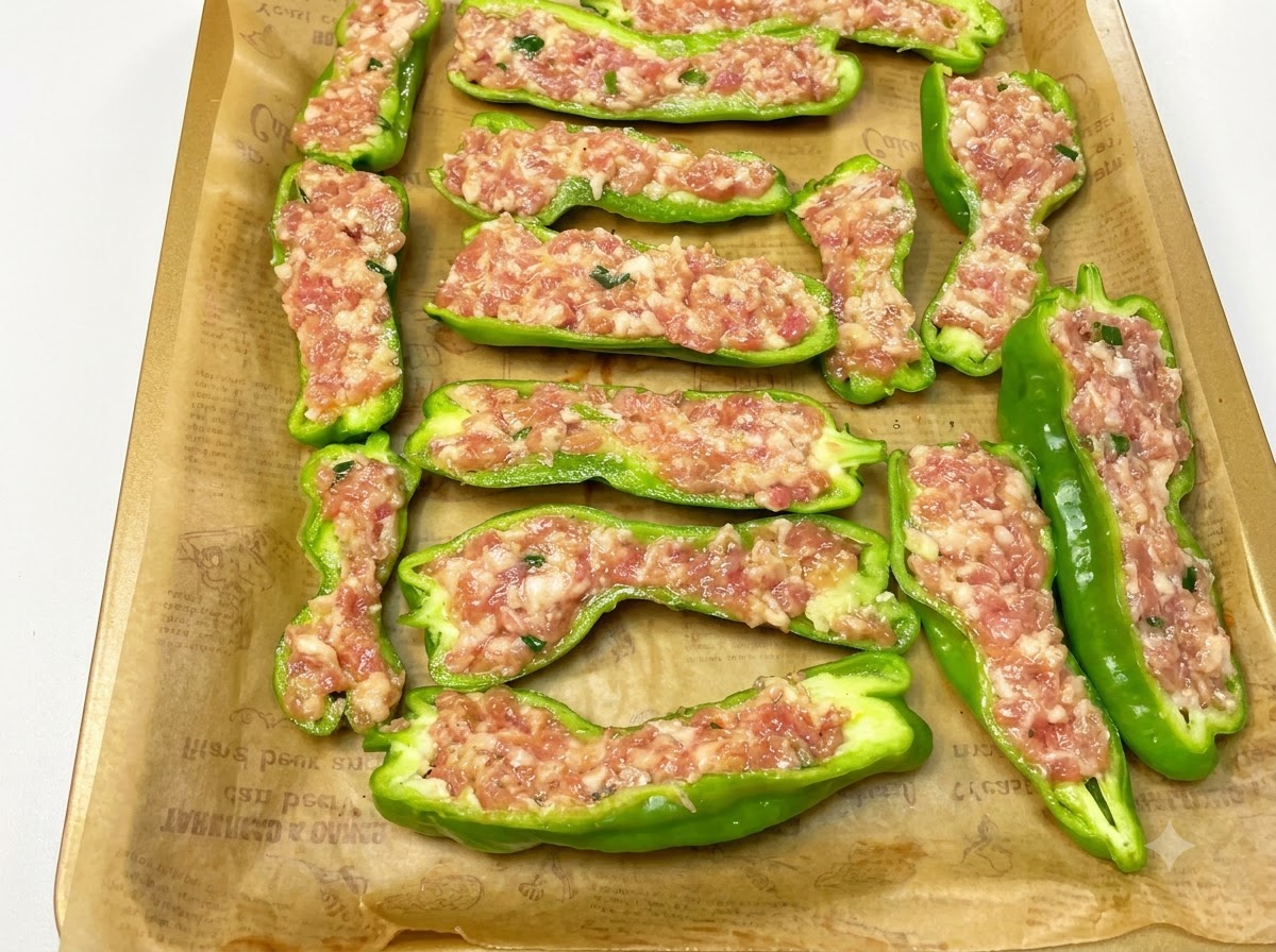 Stuffed green peppers arranged on a parchment-lined baking tray.