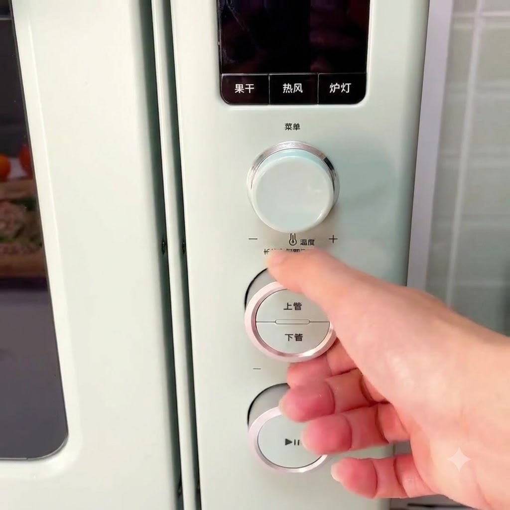 Close-up of a hand adjusting temperature controls on a green oven control panel.