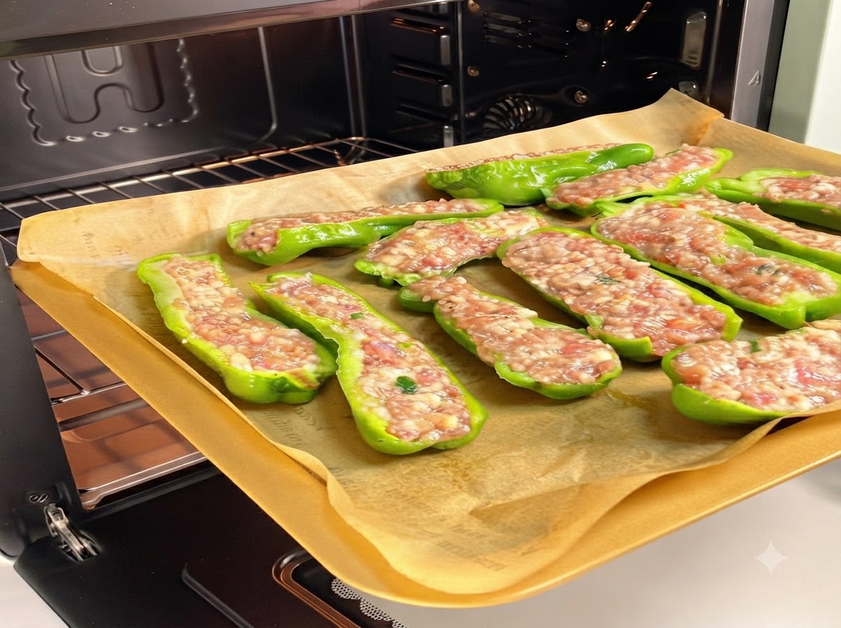 A baking tray filled with stuffed green peppers being slid onto the rack inside an oven.