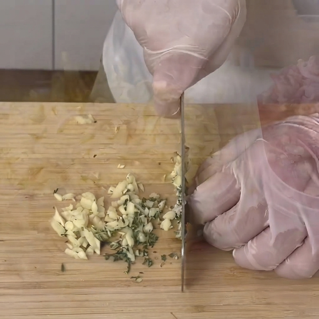 Finely chopped garlic and thyme herbs being minced on a wooden cutting board with a knife.