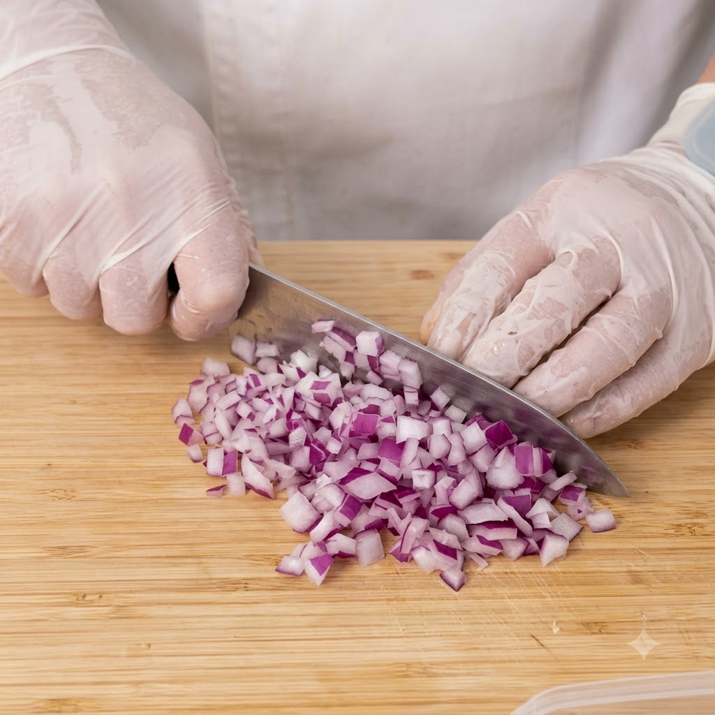 Finely diced red onion pieces arranged on a wooden cutting board.