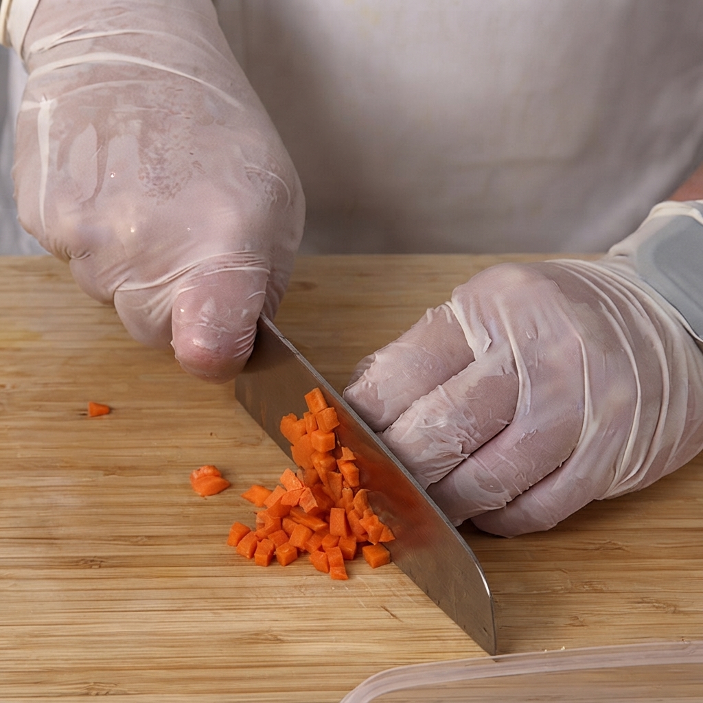 Small diced carrot cubes piled on a wooden cutting board.
