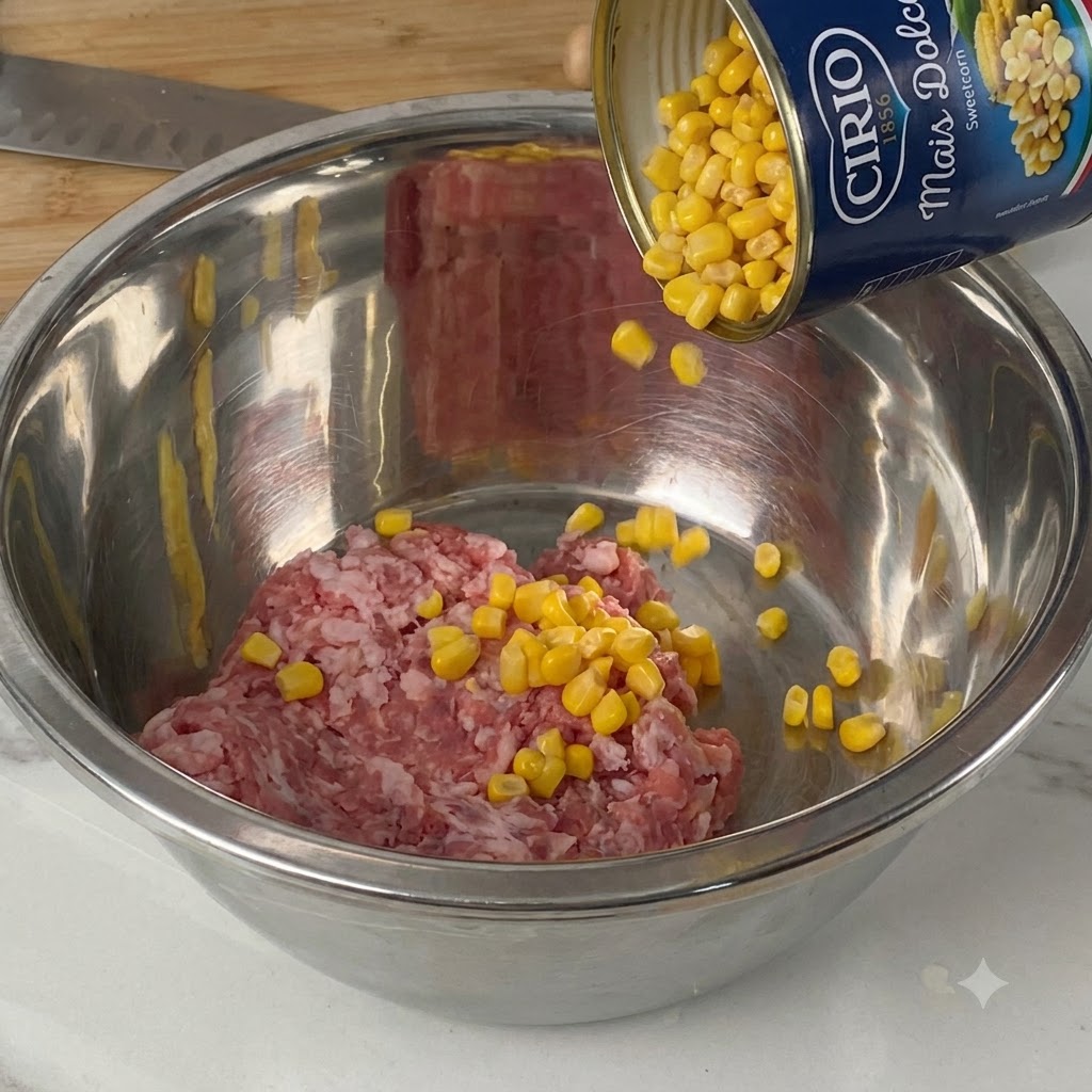 Sweet corn kernels being poured from a can into a stainless steel bowl with raw minced pork.
