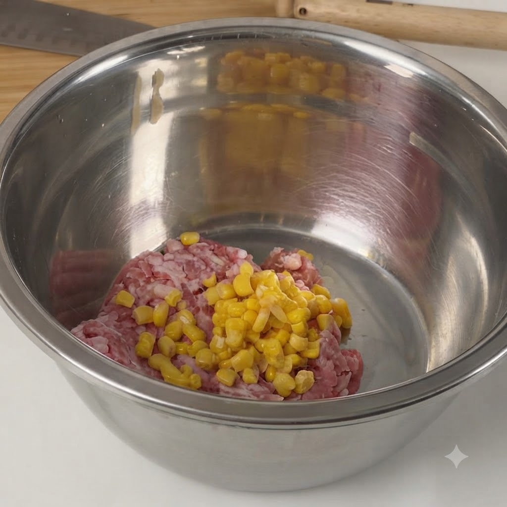 A stainless steel mixing bowl filled with raw minced pork and sweet corn kernels.