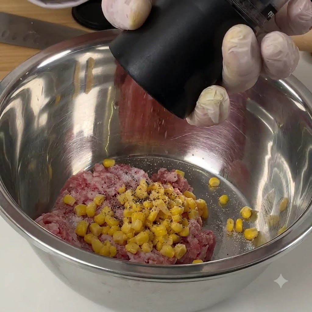 A pepper grinder dispensing black pepper over minced meat and corn in a metal bowl.