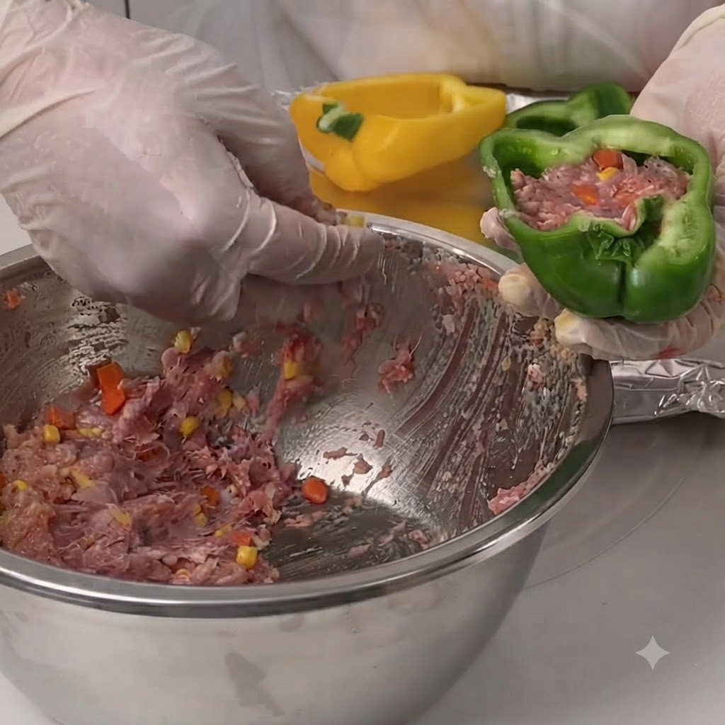 A gloved hand placing meat filling into a hollowed green bell pepper half.