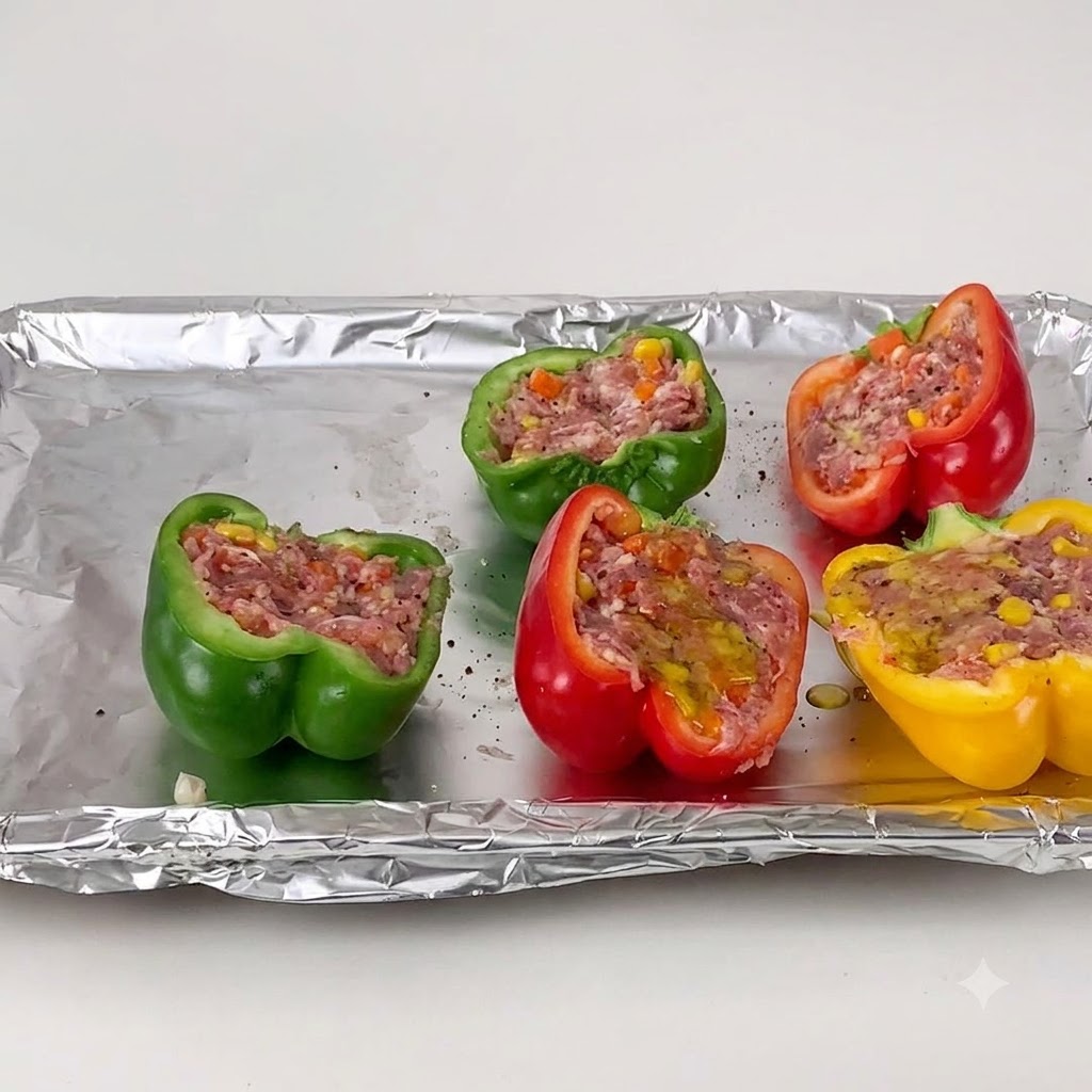 Stuffed bell peppers in red, green, and yellow arranged on a foil-lined baking sheet with olive oil drizzled on top.