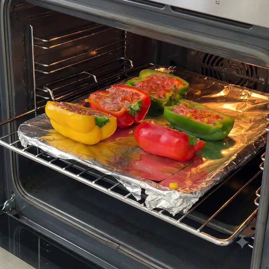 A baking sheet with stuffed bell peppers being placed inside an oven rack.