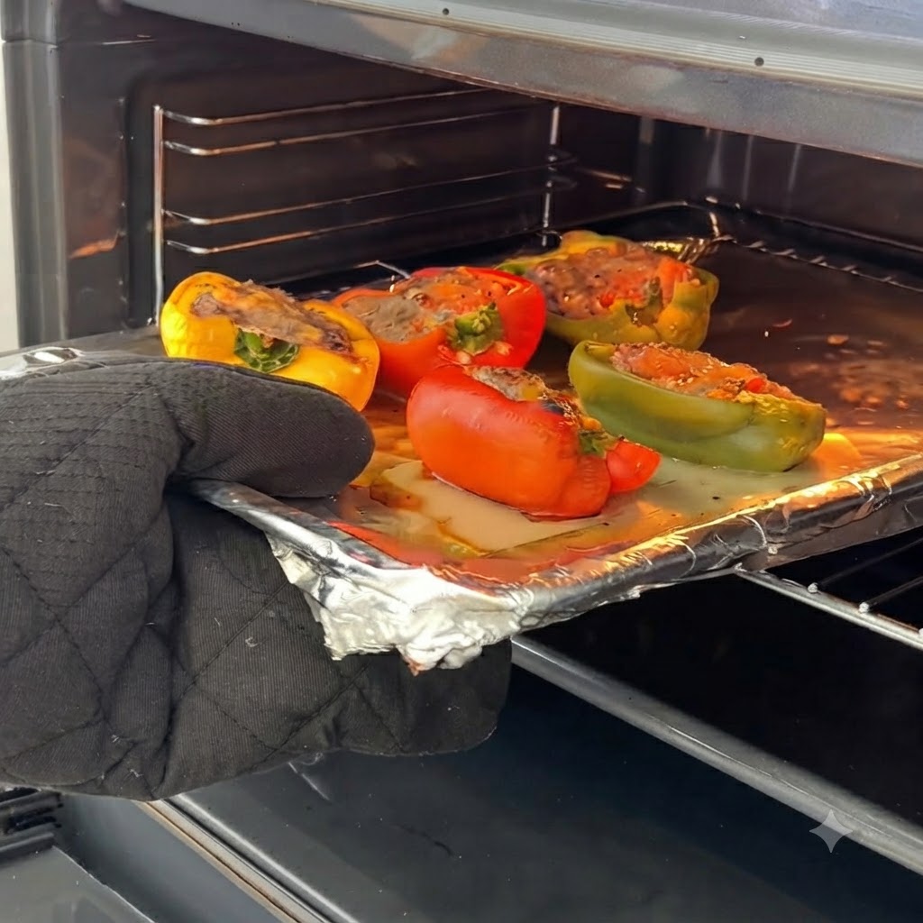 An oven mitt pulling a baking tray of partially baked stuffed peppers out of the oven.