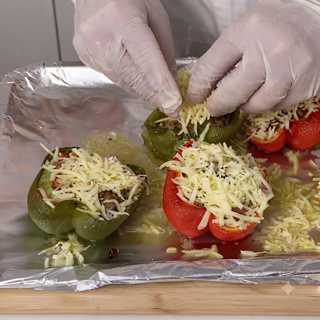Gloved hands sprinkling shredded mozzarella cheese over stuffed green and red bell peppers on a foil-lined baking sheet.